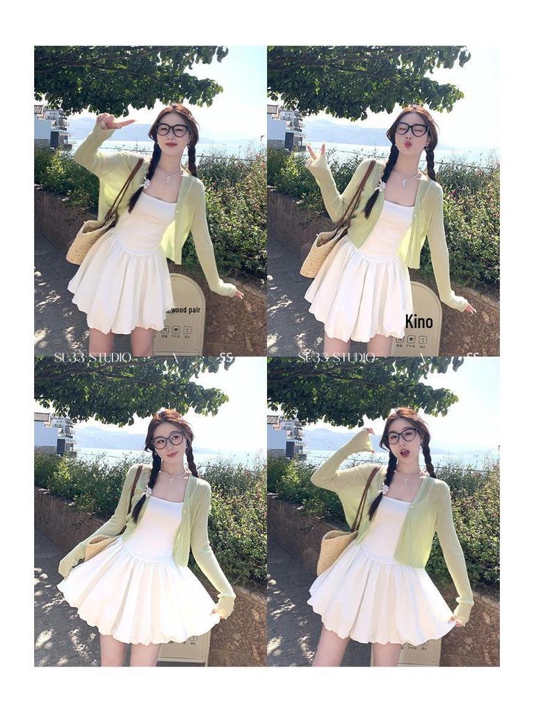 Women's White Ballet-Style Camisole Dress with Waist-Cinching Slim Fit and Bud Skirt Design for Summer 2025