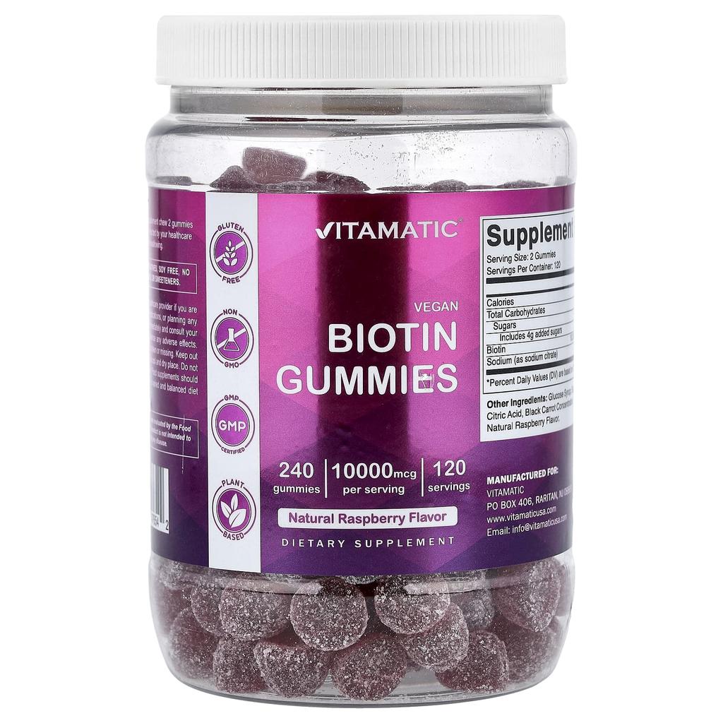 Vitamatic Vegan Biotin Gummies, Natural Raspberry, 240 Gummies