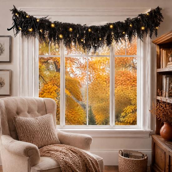 Dark Aesthetic Party Backdrop Props Halloween Lighted Creepy Vine Garland with LED Lights, Black Faux Twig for Mantle Decorative Vines Mantelpiece