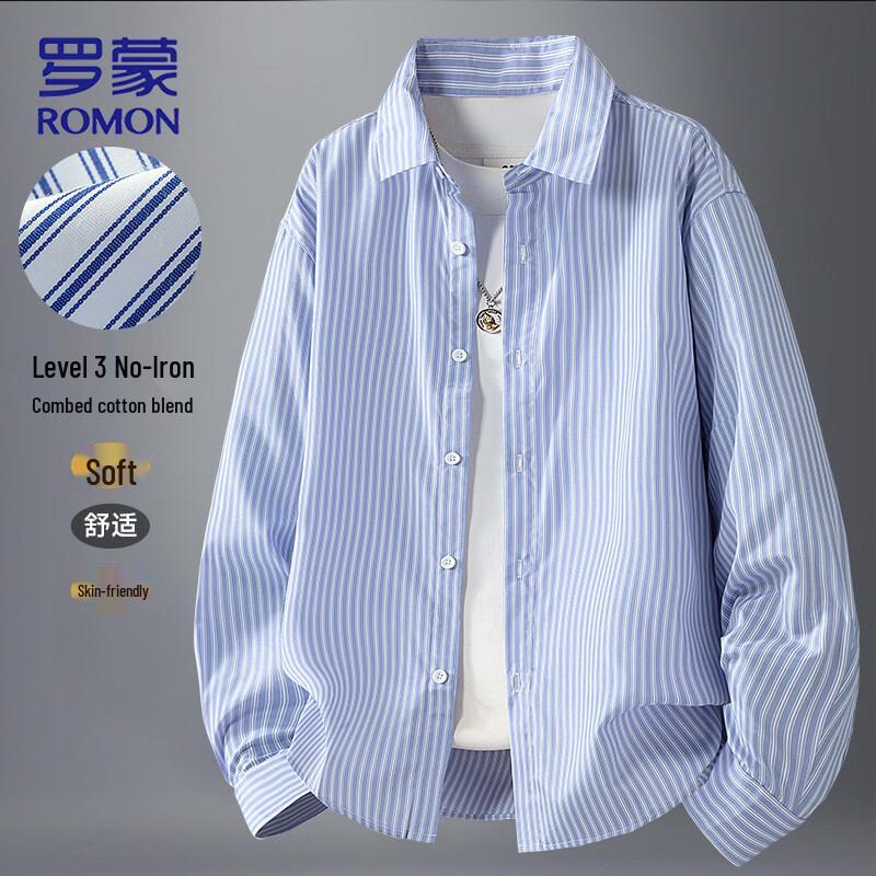 ROMON Men's Striped Long-Sleeve Casual Shirt