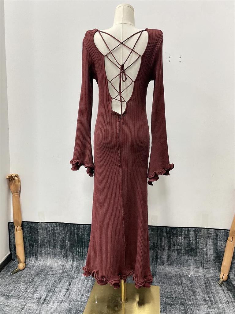 2026 Women's Pleated Wave Edge Lace-up Backless Long Sleeve Dress
