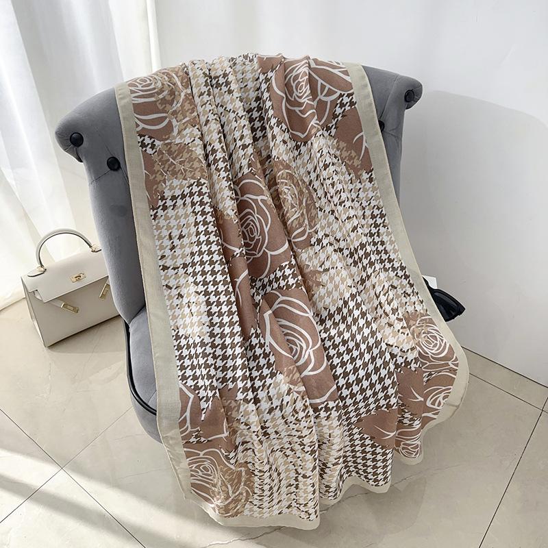 Fashion Creative Thousand Bird Grid Flower Print Scarf Autumn and Winter Women's Office Travel Photography Cotton and Linen Shawl Tide
