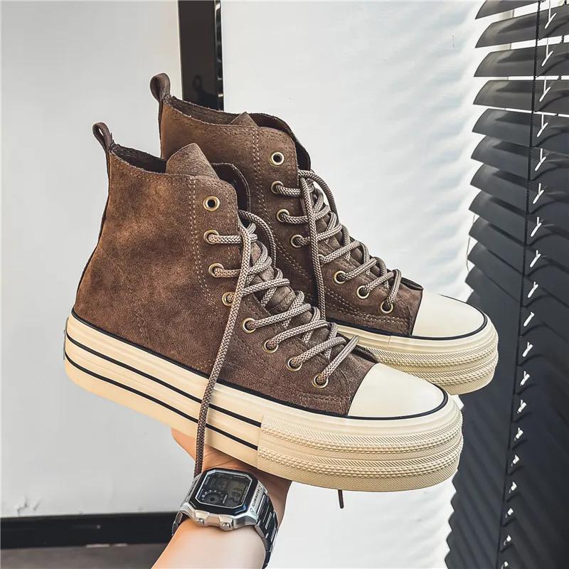 Suede High Top Casual Sneakers Shoes for Men Vintage Brown Ankle Boots Thick Sole Men Shoes High Top Mens Sneakers