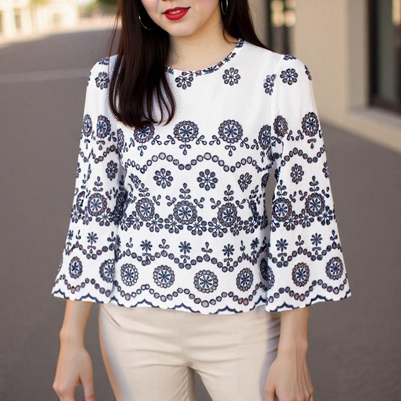 

ZANZEA Женские элегантные блузки с круглым вырезом и рукавом 3/4 с цветочным принтом на талии XL чёрный