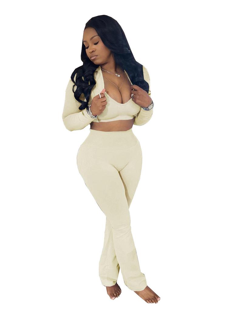 TW492 Stilvolles Dreiteiler-Set für Damen: Einfarbiges Sexy Cropped Lässiger Sportanzug