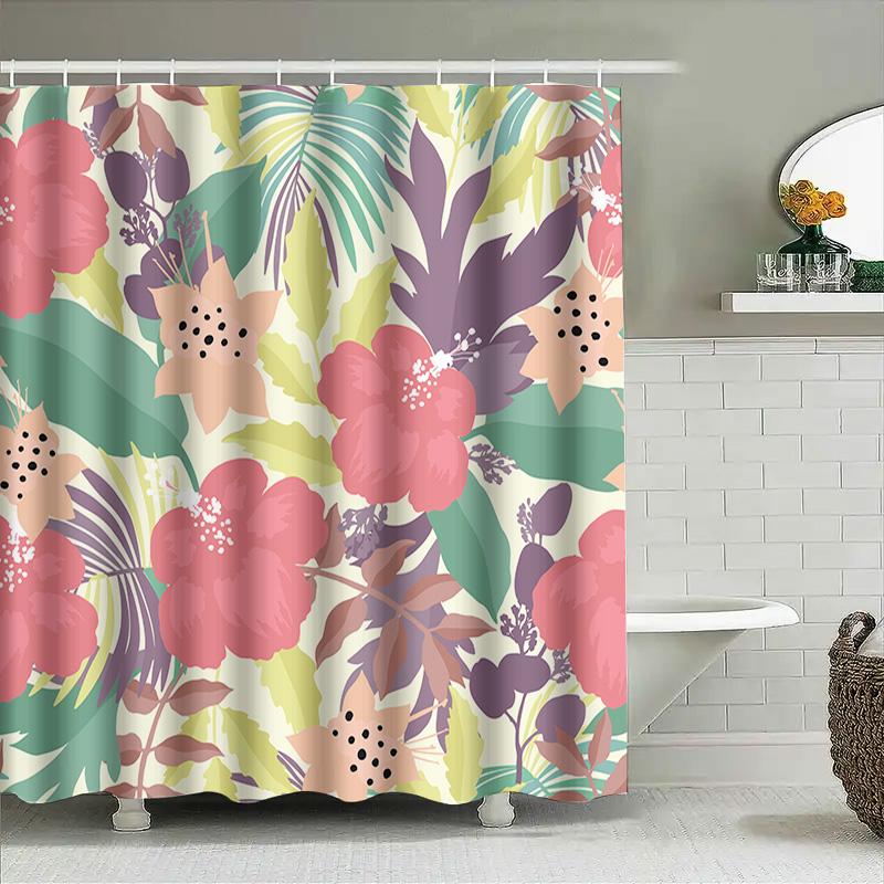 Tenda da Bagno Doccia alla Moda con Stampa Floreale Rosa Verde Viola Tessuto Impermeabile Decorativo per Set di Rivestimento per Bagno Decorazione