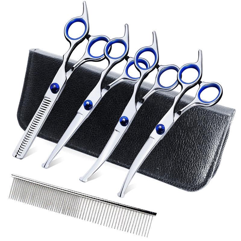 Pet Grooming Safety Scissors Set: 5-Piece with Round Head, Straight, and Curved Scissors
