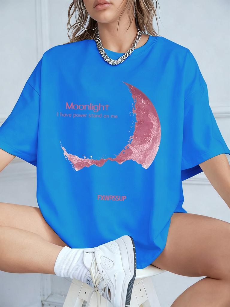 Plus Beautiful Moonlight Prints T-Shirts Womens Summer Cotton Short Sleeve T Shirt O-Neck Comfortable Loose Tops Casual Clothes