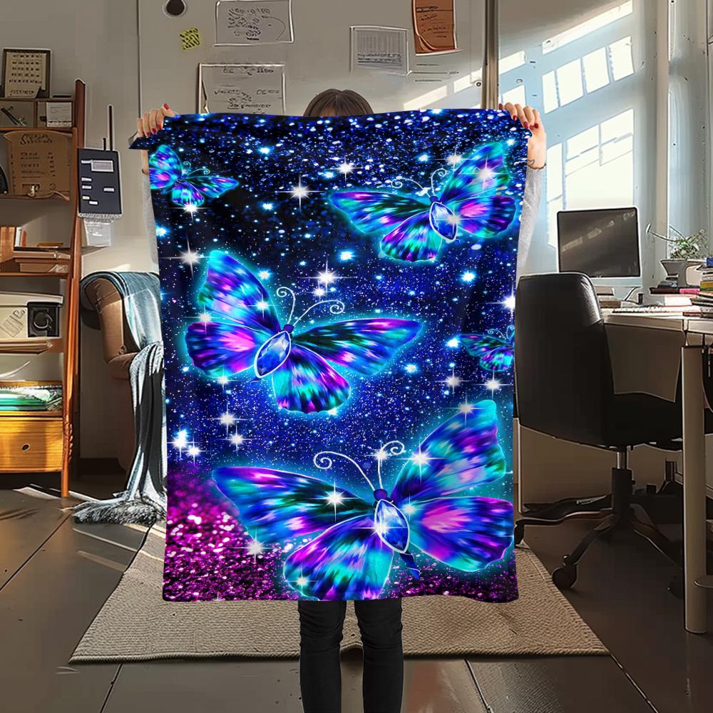 1Pc Blue Butterflies Print Flannel Blanket, High Quality Comfortable for All Seasons, Home Decor, Warmth and Comfort, Perfect for Christmas Gifts