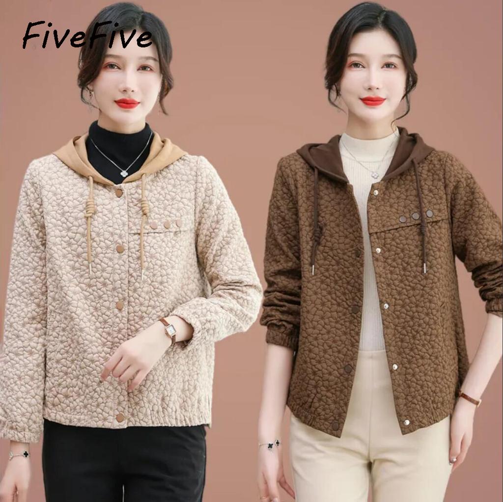 FiveFive Hooded Casual Coat Women's Mother's Jacket Autumn Outwear with Short Zipper Basic Coat