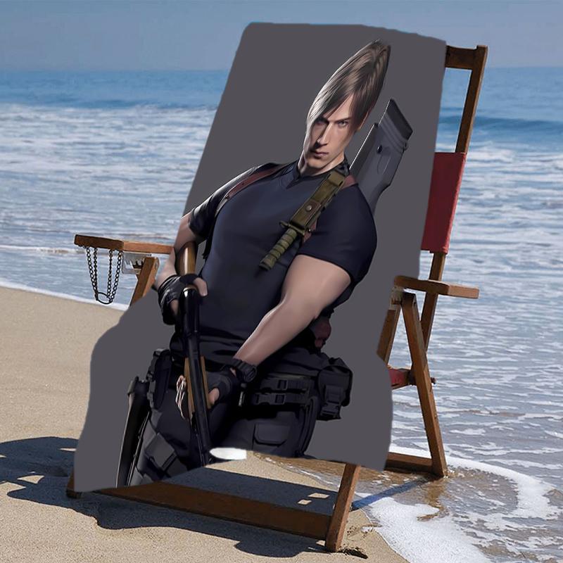 proof beach towel with a Resident Evil Leon S. Kennedy pattern - soft,absorbent,quick-drying,machine washable - perfect for swimming,camping,bathing