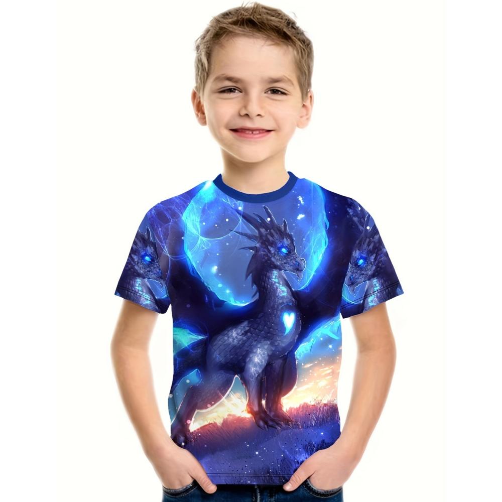 Maglietta per bambini T-shirt con grafica 3D Dragon Magliette per bambini Magliette con scollo tondo Maglietta con animali dei cartoni animati Maglietta a maniche corte per un ragazzo