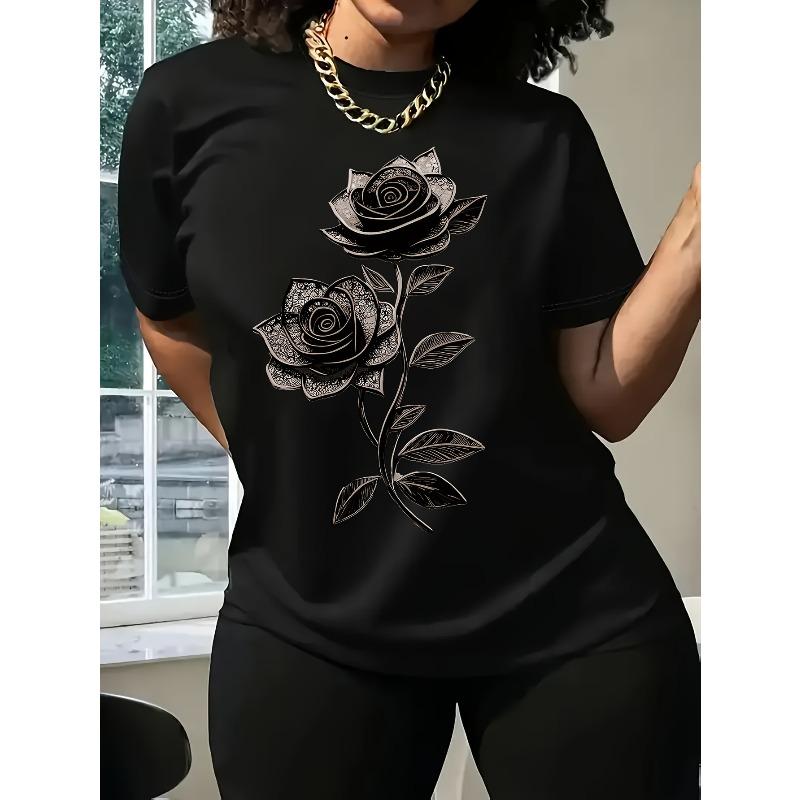 Europäische Größe Exquisites Rosenmuster Mode Lässig Kurzarm Sommer Passform Rundhals Damen-T-Shirt