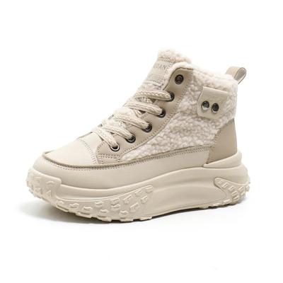Vinter Varm Lammull Studenter Bomullsskor Tide Casual Flats Sneakers PU Plysch Dam Ankelstövlar Snörning Damer Snöstövlar