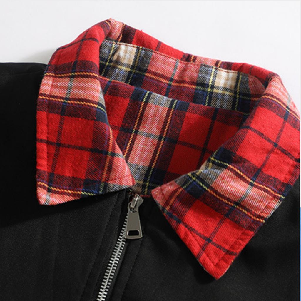 Men's Casual Checkered Lapel Fake Two-piece Jacket, Men's Loose Casual Zipper Jacket