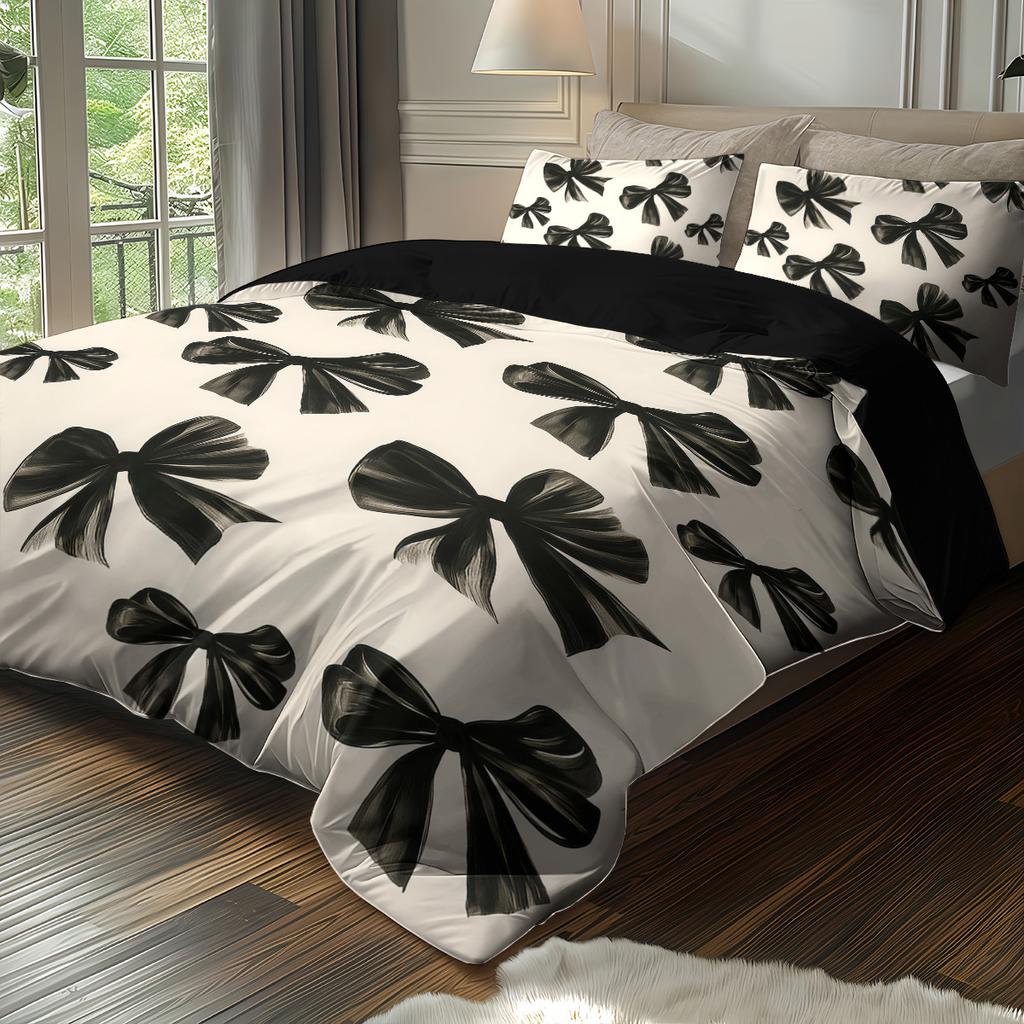 3pcs Black Bow Print Coreless Bedding Set Multiple Sizes Suitable for Bedrooms and Dormitories, Comfortable and Machine Washable