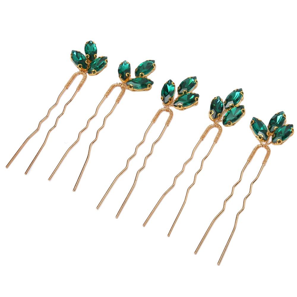5pcs Vintage Design Wedding Hair Piece Green Rhinestone Hair Jewelry Rhinestone Hair Pin Bride