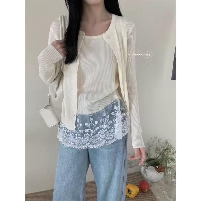Autumn and winter new gentle wind sweet knitted sweater cardigan + lace splicing lace vest two-piece set for women