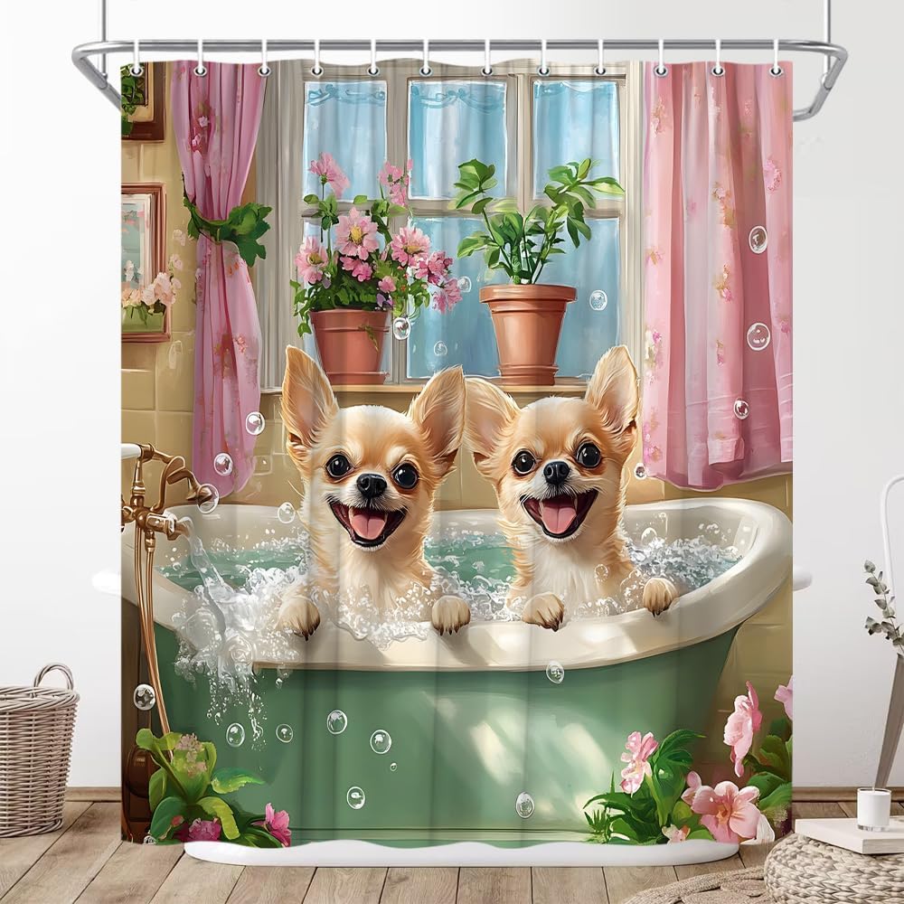 Funny Dog Shower Curtain Retro Vintage Rustic Farmhouse Turquoise Teal Animal Country Hilarious Doggy Cute Lovely Puppy Cartoon