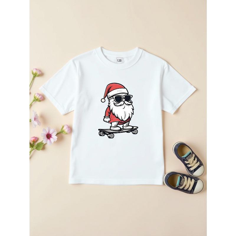 Kids Crewneck Short Sleeve T-Shirt, Cute Skateboarding Santa Christmas Cartoon Print 110