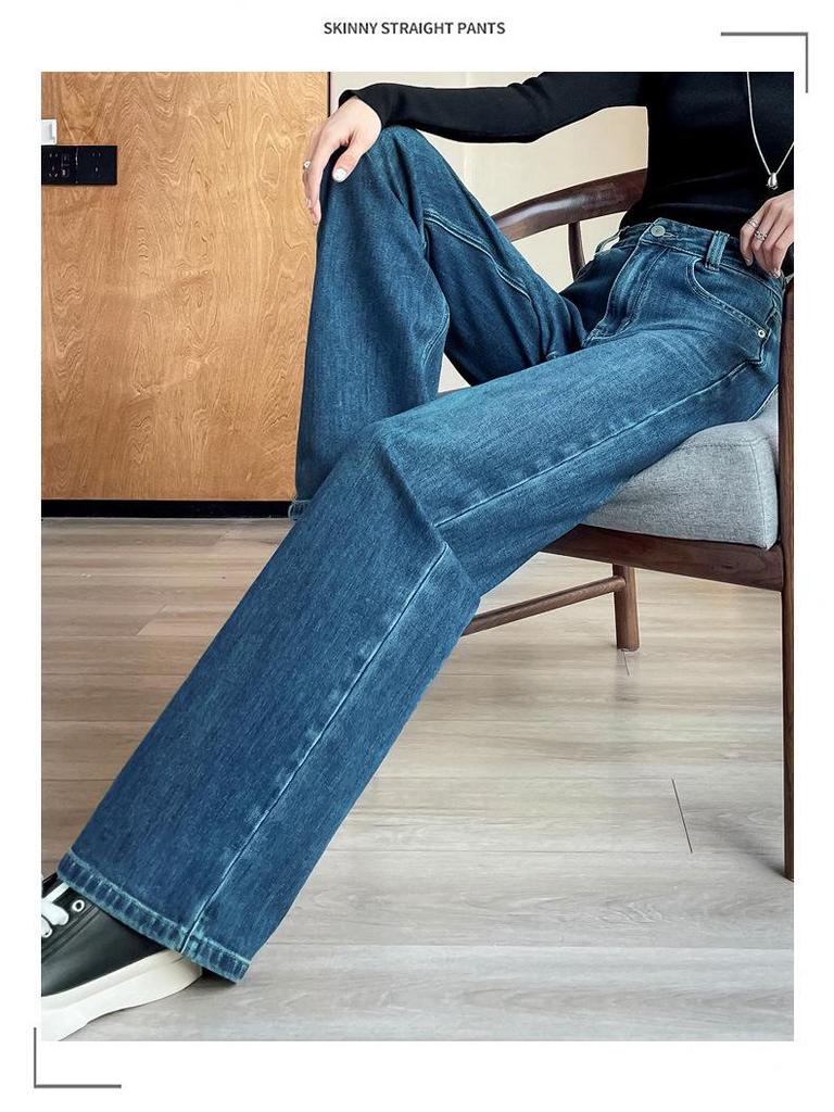 Women's High-Waist Slim Straight-Leg Dark Blue Jeans - Autumn 2025 Retro Versatile Style