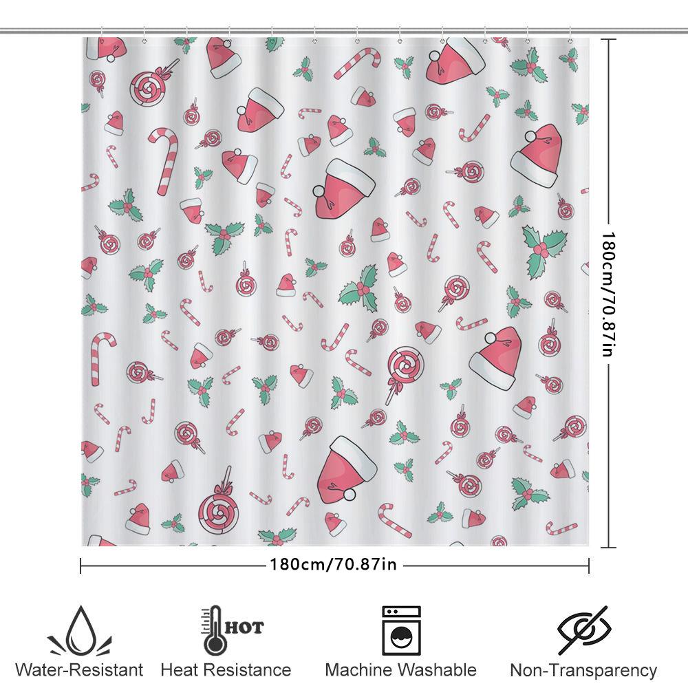 Christmas Candy Cane Santa Hat Printed Shower Curtain for Bathroom Decor Waterproof Fabric with Hooks (White)