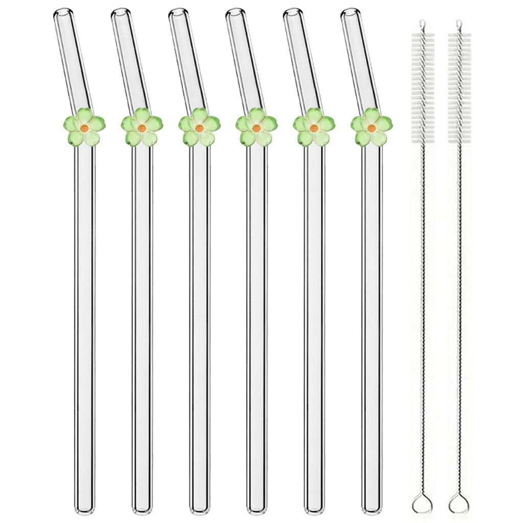 6pcs Flower Drinking Straw Set High Borosilicate Glass Bent Straws Set with Brush Milk Shake Coffee Cocktail Straw Bar Drinkware