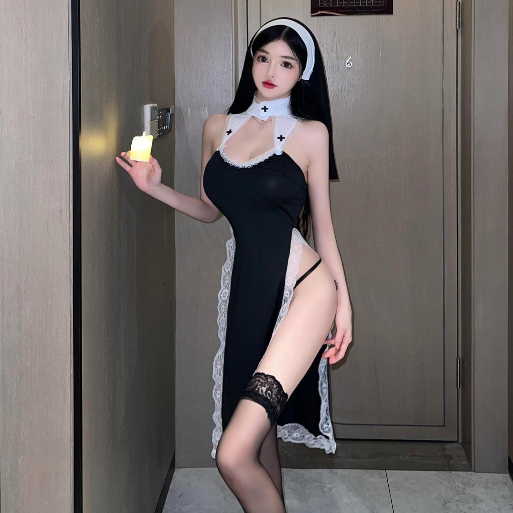 Love As Lingerie: Sexy High Slit Lace Nun Cosplay Set
