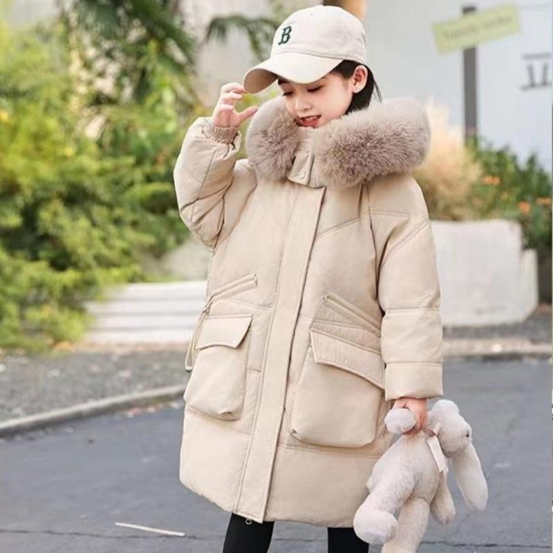 Barns mellanlång dunjacka för flickor Tjock vit ankdun i koreansk stil varm studentkappa