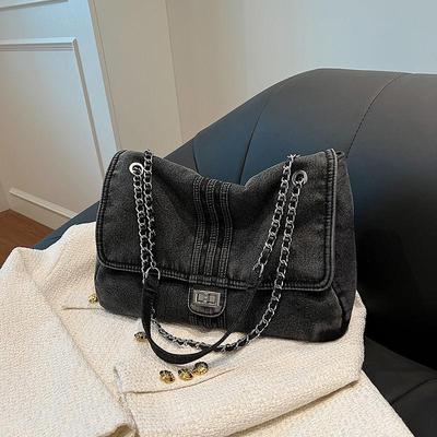 Bolso cruzado de hombro de mezclilla para mujer, gran capacidad, casual, con cadena