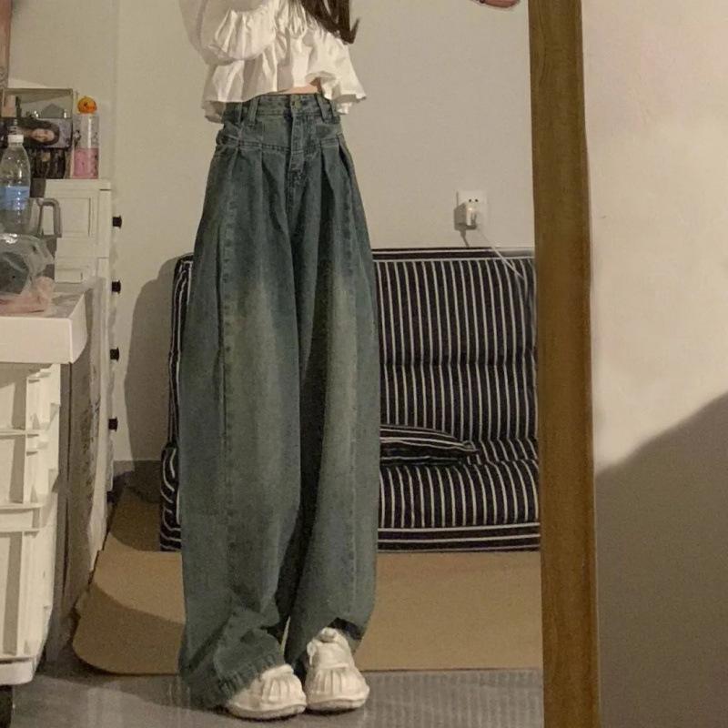 Damen Jeans Herbst/Winter High-Waist Weite Beine - Amerikanischer Retro-Stil, Lockere Passform, Bodenlange Hose