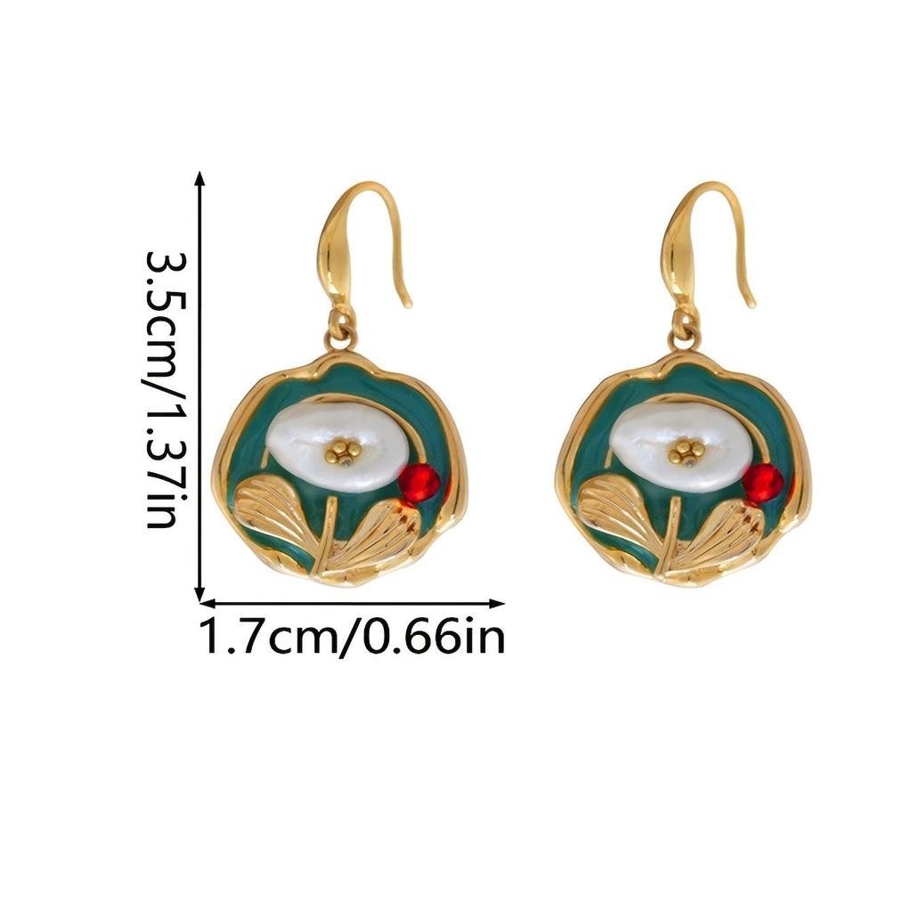 Fashion Drop Earrings For Women's Jewelry French Retro Green Oil Painting Vintage Flower Stud Earrings Luxury Court Style