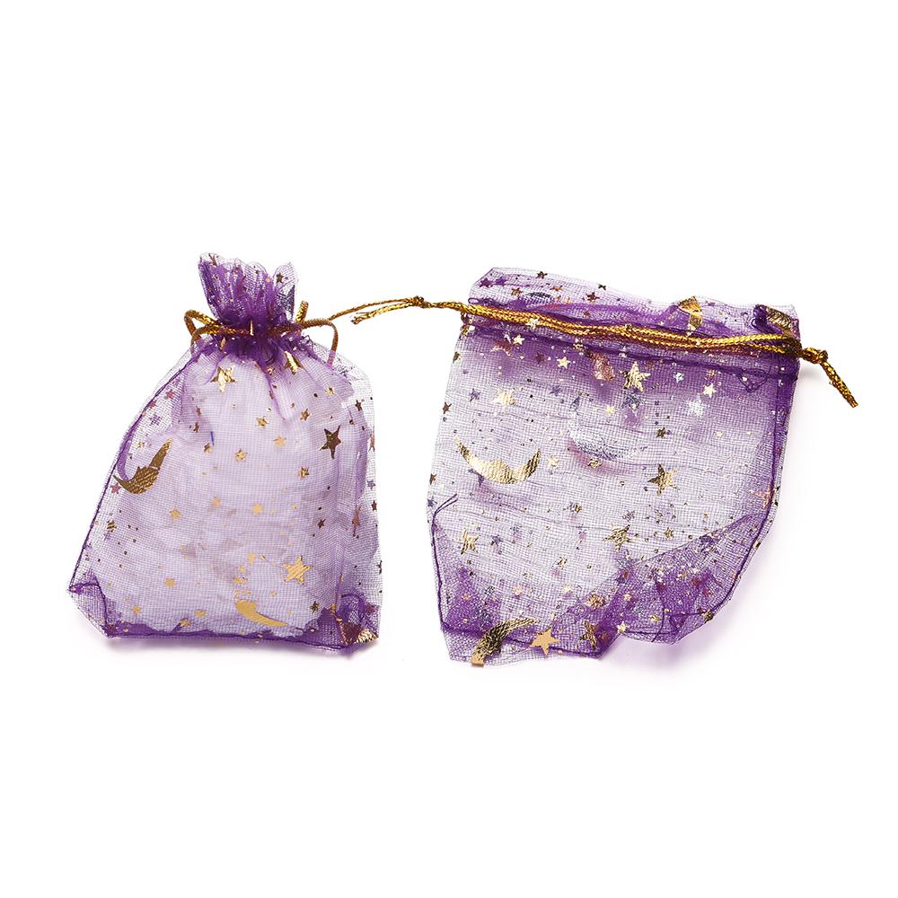 50pcs/Lot 7x9 9x12 10x15 13x18cm Printing Star Moon Christmas Organza Sack Drawstring Charm Packaging Bags Daily Jewelry Making