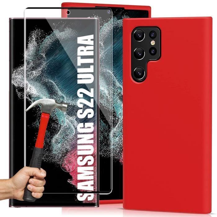Coque pour Samsung Galaxy S22 Ultra - Rouge - Antichoc - 2 Verres Trempés - Mat - Rigide