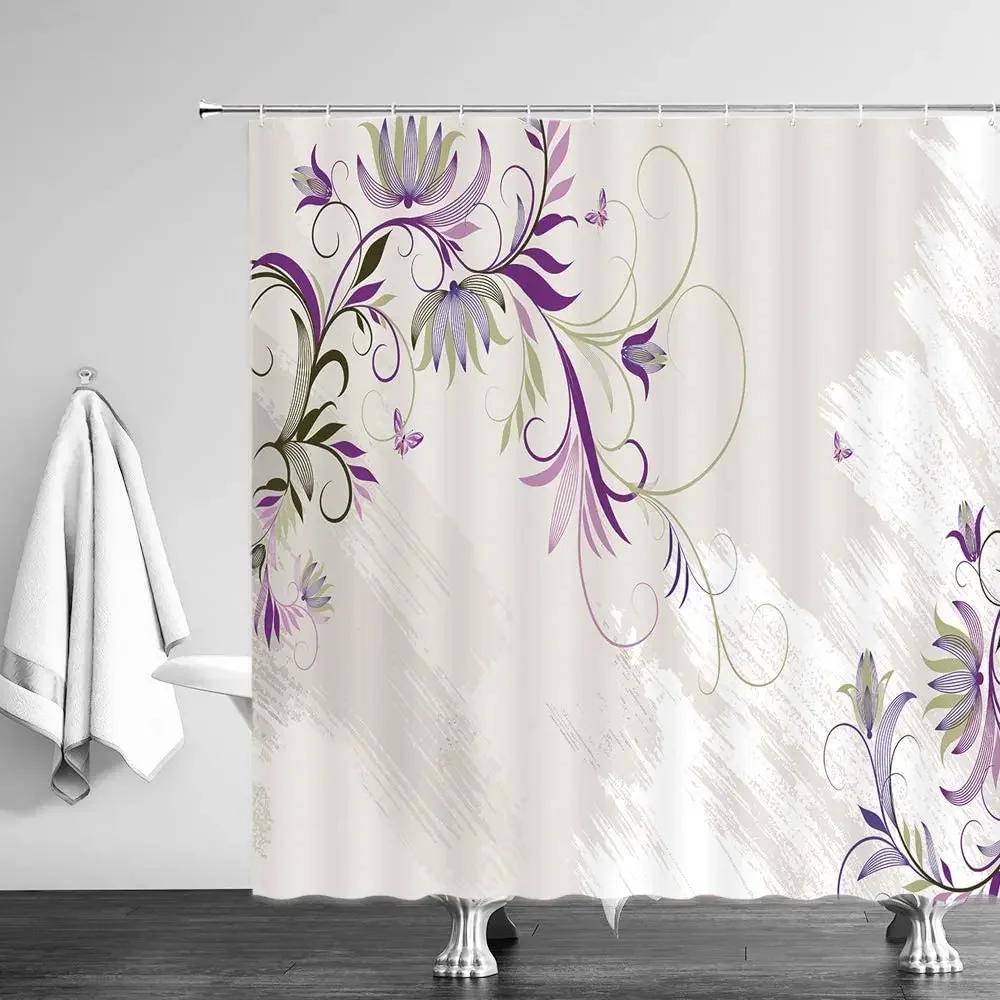 Purple Flowers Shower Curtain Abstract Chrysanthemum Gray Background Autumn Plant Fabric Bathroom Decor Curtains Sets with Hooks