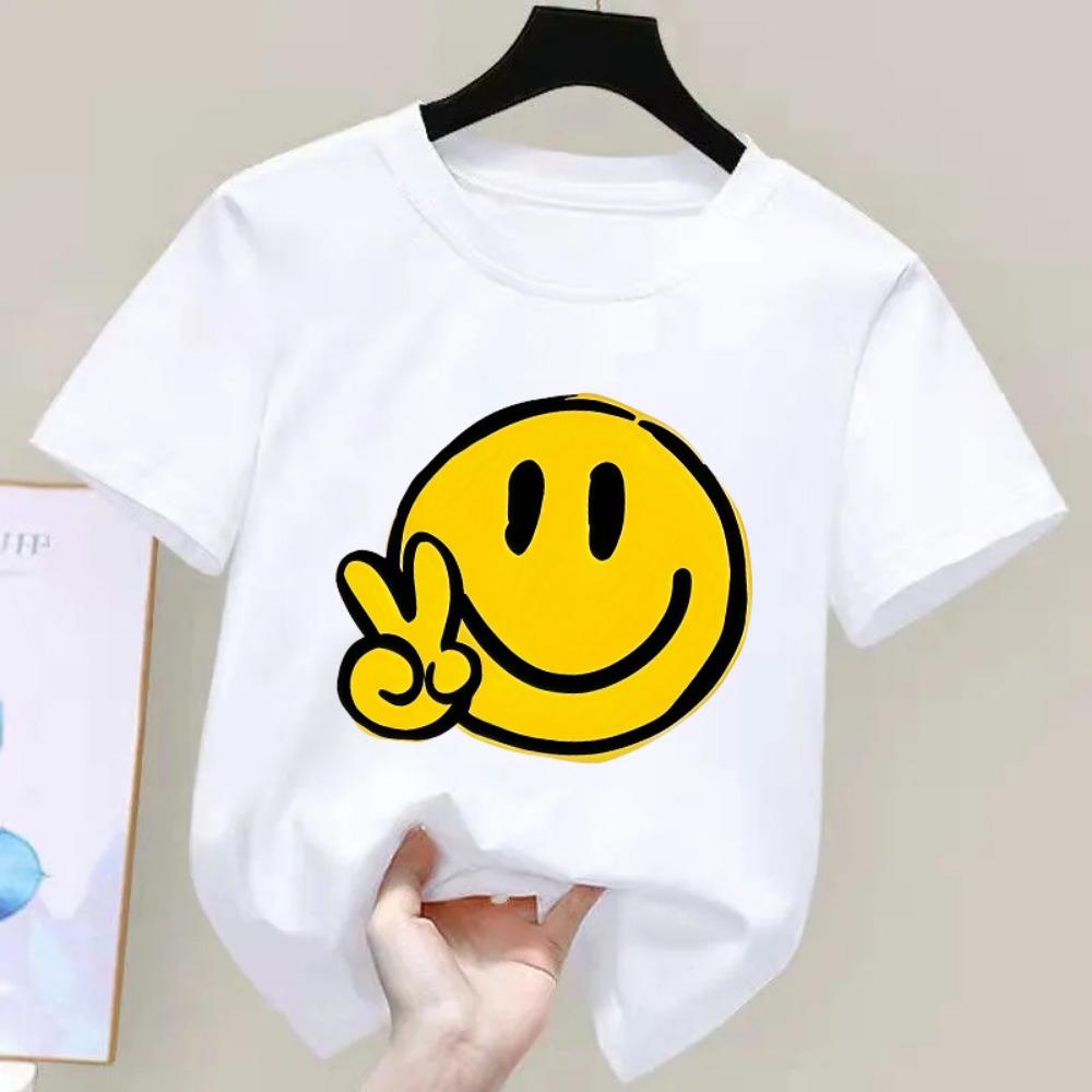 Kids Cartoon Smiley Face Print Short-sleeved T-shirt Casual and Versatile Style Suitable for Children's Outings and Daily Wear