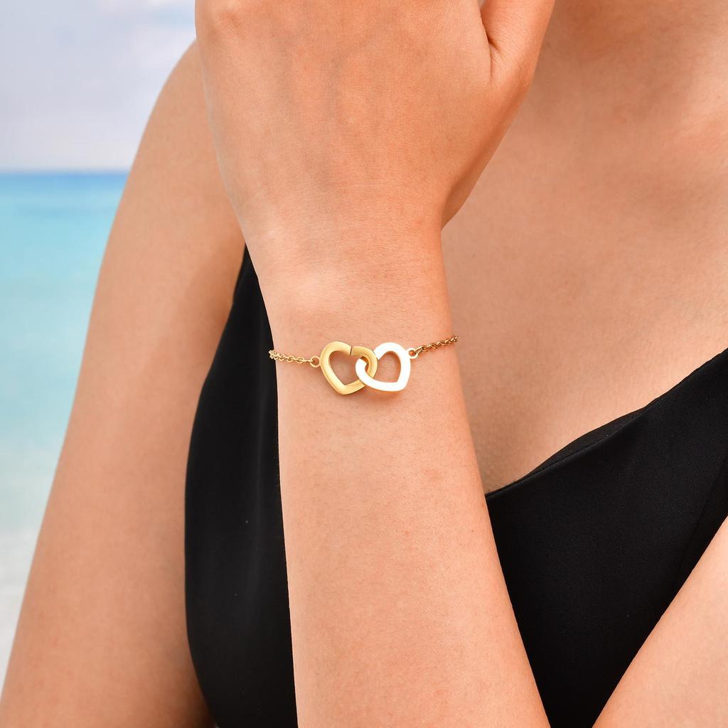 Wind Stainless Steel Plated 18K Gold Flat Cross Chain Double Heart Interlocking Bracelet Women'S Jewelry Br-2199