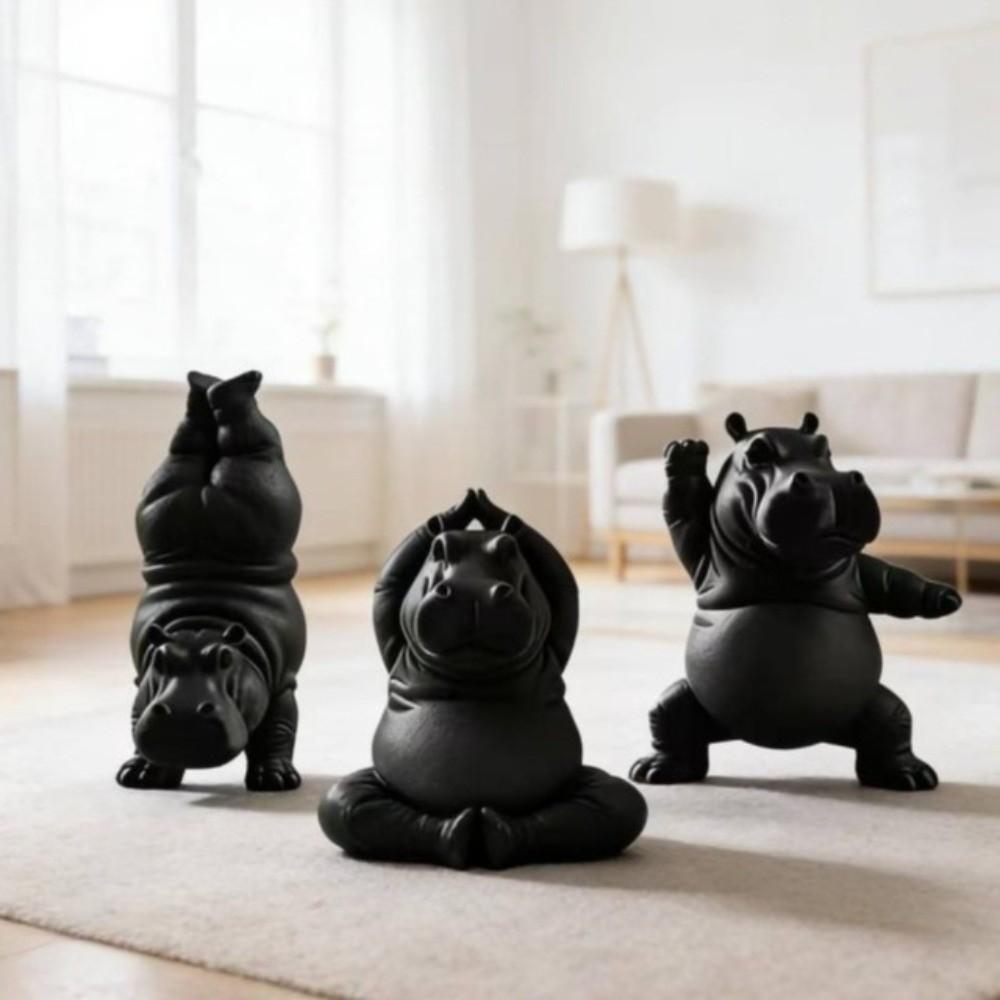 3Pcs Calm Animal Yoga Hippo Statue Art Crafts Hippo Figurines Hippo Sculpture  Yoga Studio