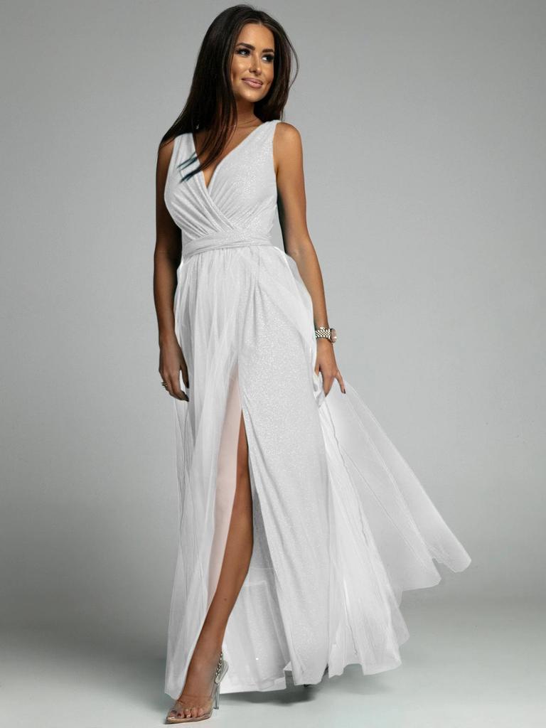 Cross-border 2023 V-Neck Waist-Cinching Sparkling Evening Gown with Slit