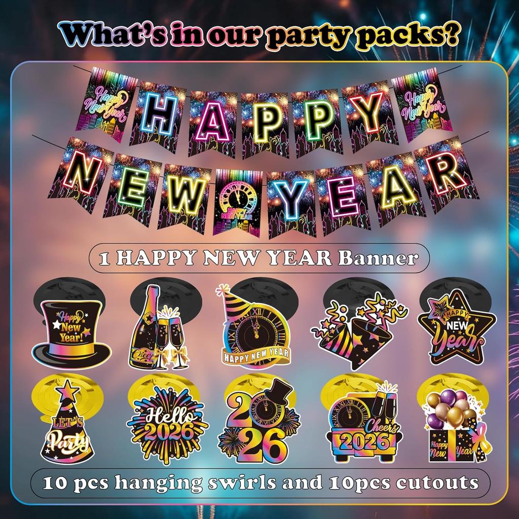 Colorful Happy New Year Banner & Hanging Swirls, Neon Themed 2026 Happy New Years Paper Banner Ceiling Swirl Streamers for New Years Eve Party