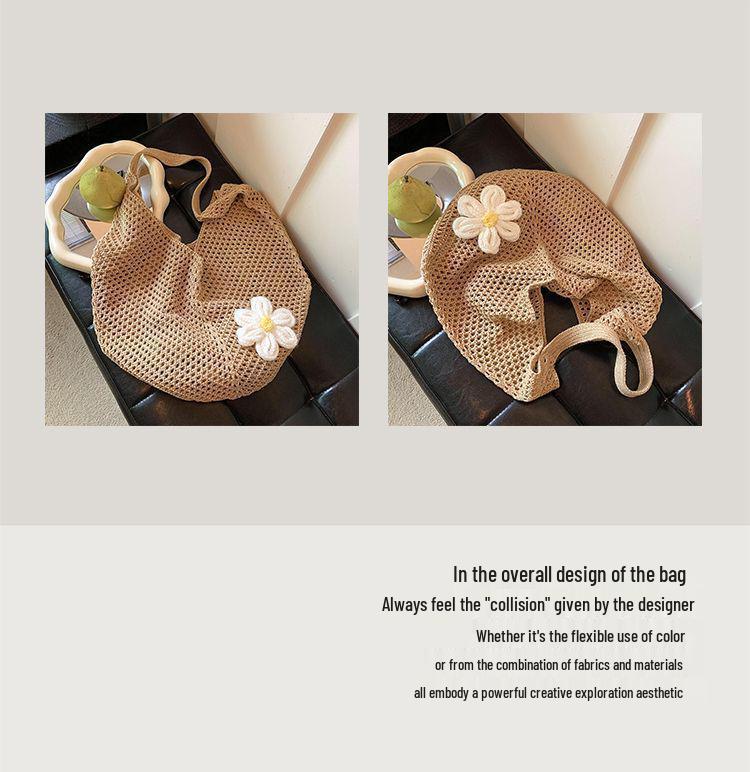 Large Capacity Floral Knitted Beach Tote - Stylish Woven Shoulder Bag for Women