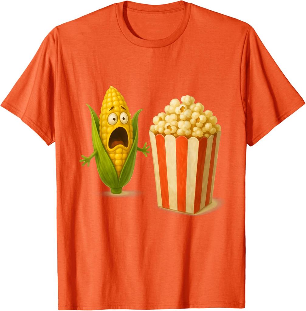 Funny Screaming Corn Popcorn Horror Food Humor Graphic Tee Casual Cotton T-Shirt for Men Women