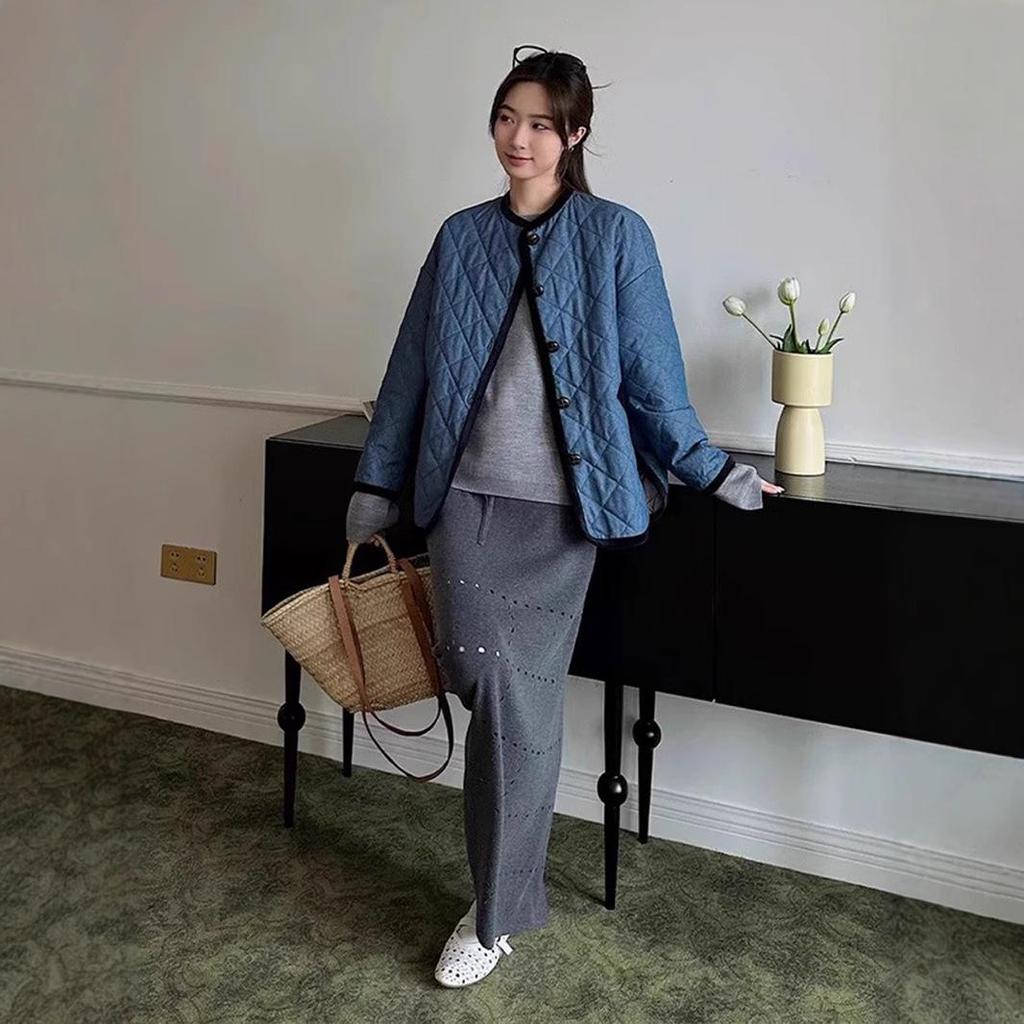 2024 Autumn Song Qian Korean Pure Cotton Quilted Denim Jacket