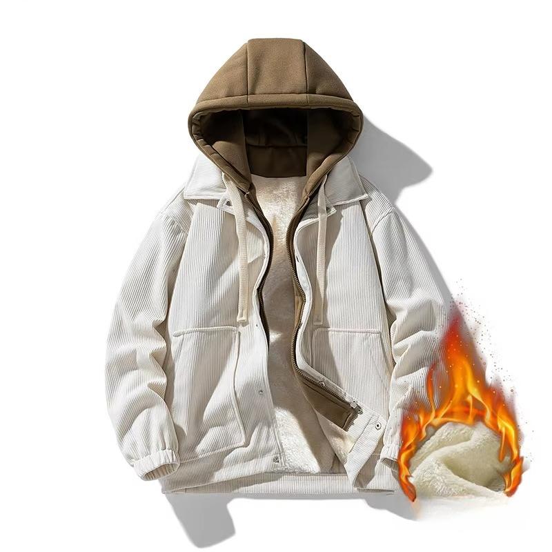 Corduroy Jacket Men's Harajuku Japanese Windproof Warm Fake Two-piece Hooded Coat Womens Casual Loose Pocket Jacket 4XL