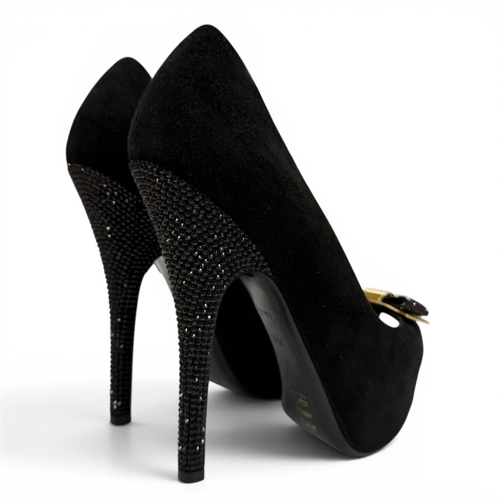 Great LOUIS VUITTON pumps LV Metal Ribbon Rhinestone Suede Leather black 35.5 Used