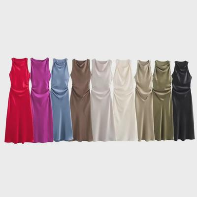 2024 Black Silk Satin Textured Midi Dress - European & American Style, Sleeveless, Slim Fit, Light Mature Look for Spring & Summer