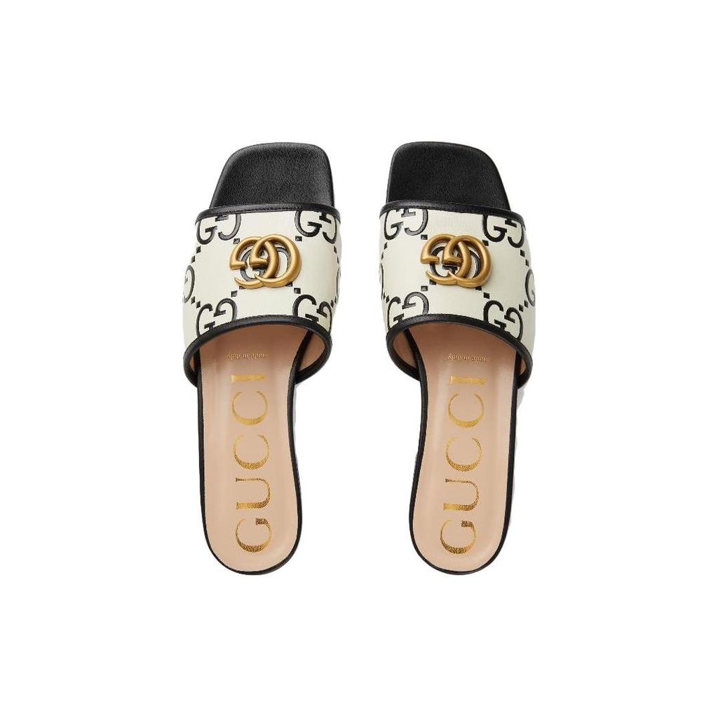Gucci GG Slide Leather Casual Shoes Women's Black White 677584 UM920 1193