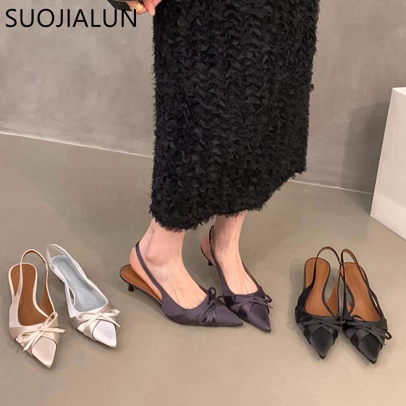 Fashion SUOJIALUN New Brand Women Sandal Shoes Fashion Pointed Toe Bow-Knot Shallow Slip On Slingback Shoes Thin Low Heel Dress Pumps