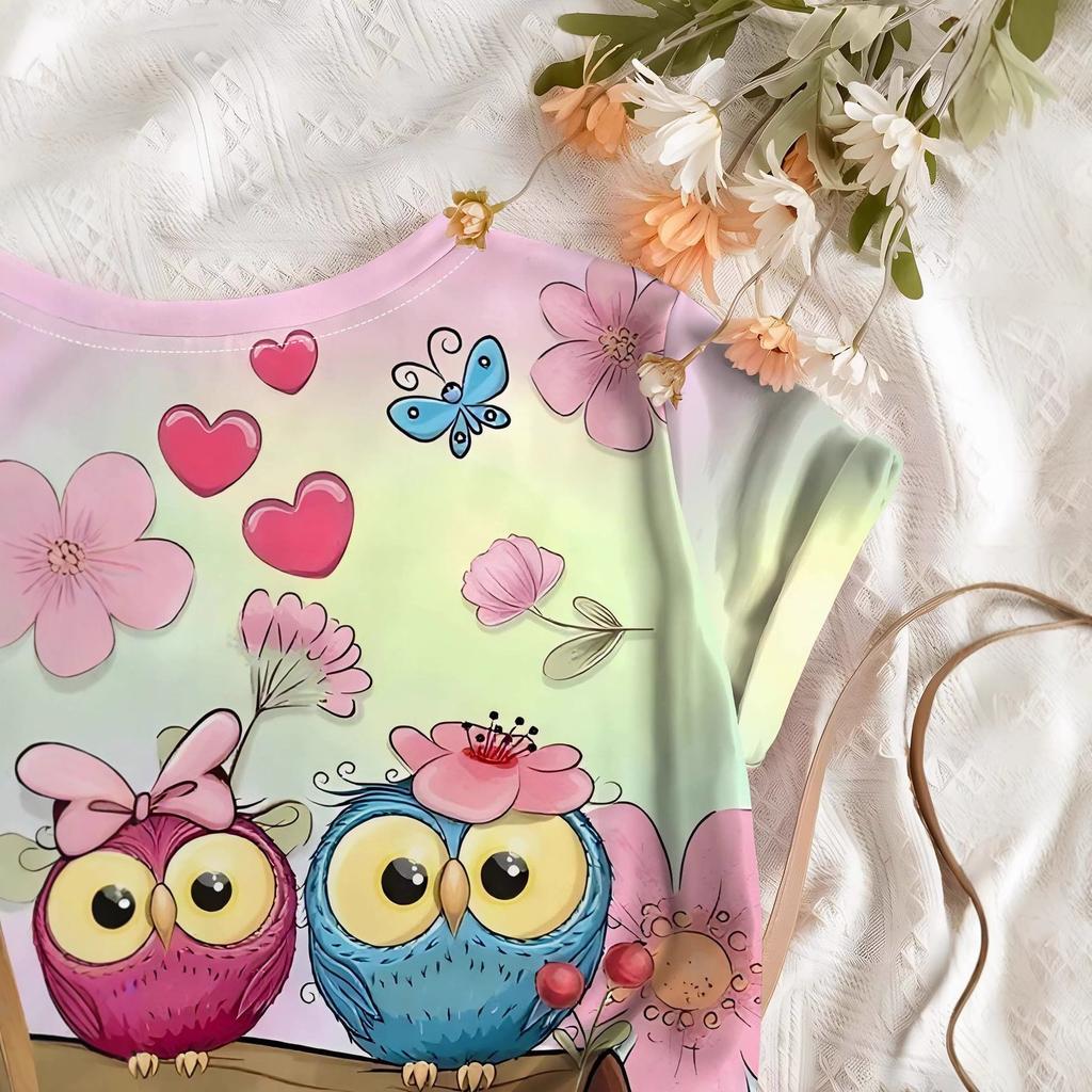 New Ladies Owl Cute Short Sleeve T-Shirt
