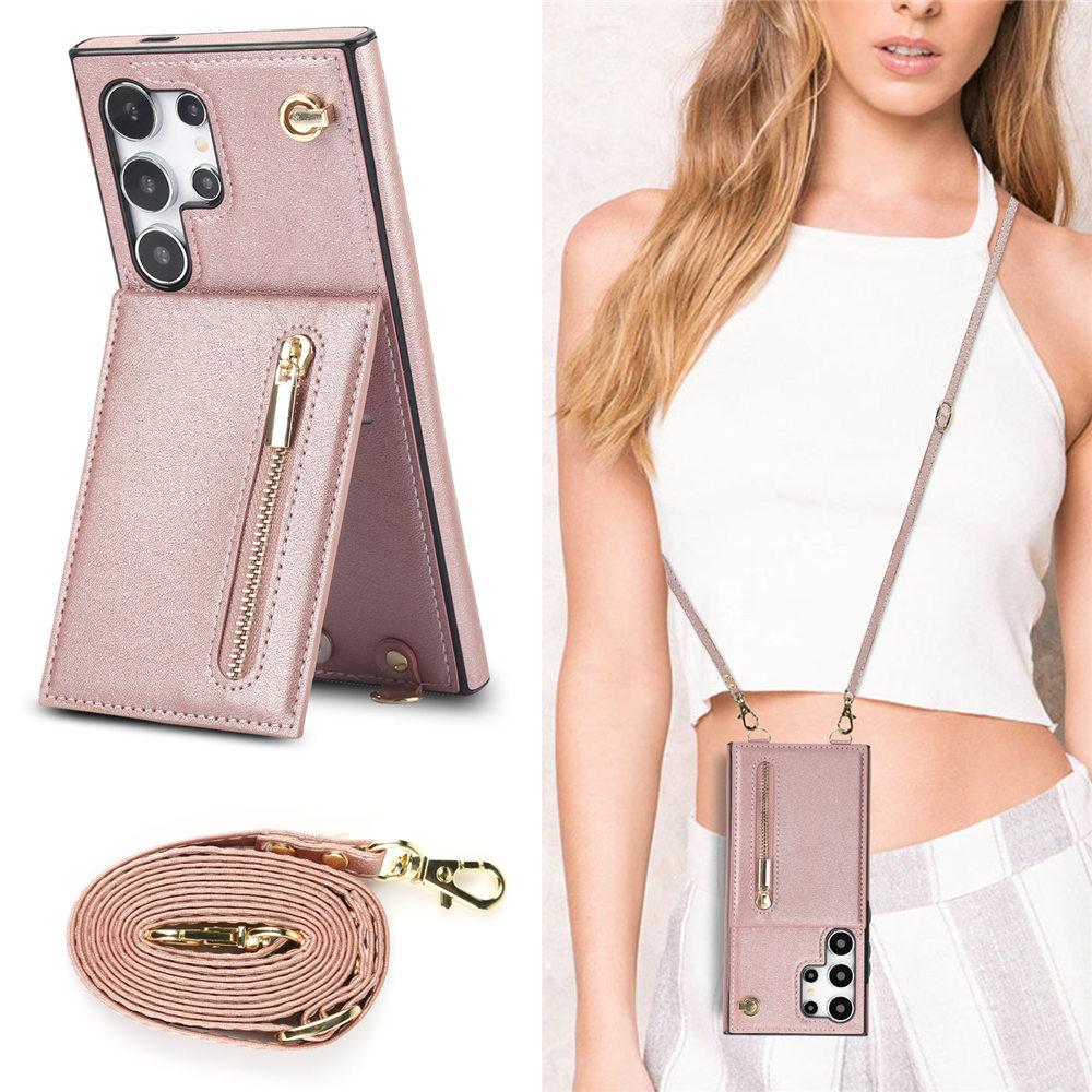 

Zipper Crossbody Wallet Case For Samsung Galaxy S25 S24 Ultra S23 Plus S24FE S22 S21 S20 Note 20 Cards Holder Lanyard Cover For Galaxy Note 10 розового золота